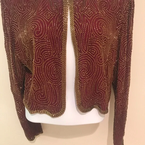 Niteline Della Roufogali SILK Wine/ Gold BEADED CROPPED EVENING JACKET! - Picture 15 of 15